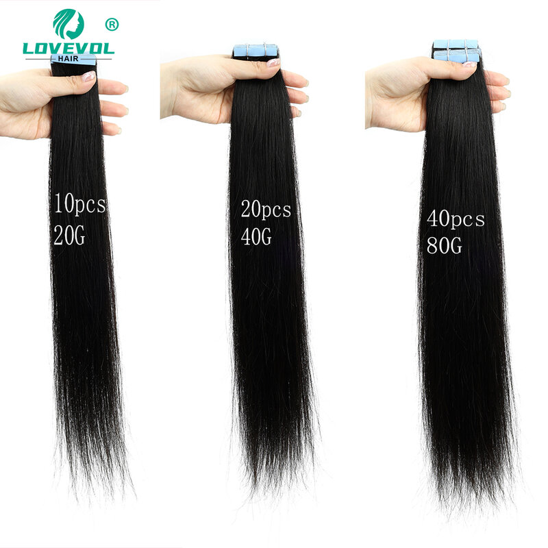 Lovevol Straight PU Skin Weft Invisible Tape In Human Hair Extensions Natural Color Seamless Adhesives Tape Ins Hair 20pcs/pack
