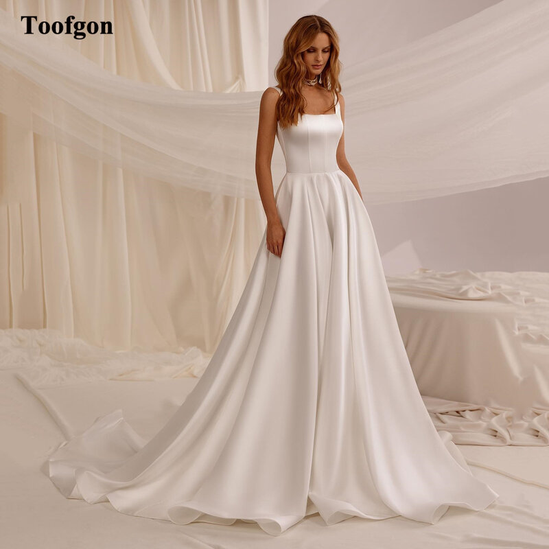Toofgon Elegant A Line Satin Bride Wedding Dresses Square Collar Spaghetti Straps Bridal Gowns Women Formal Party Occasion Dress