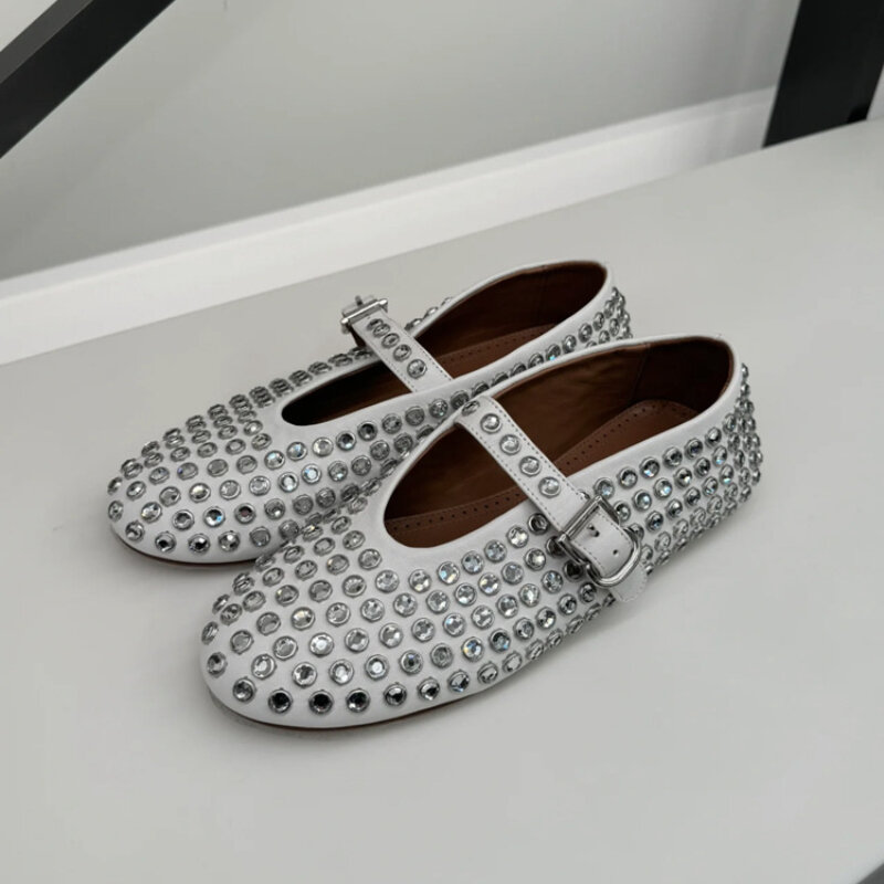 Stylish studded crystal women's mary jane ballet shoes laofers casual soft leather comfortable flats