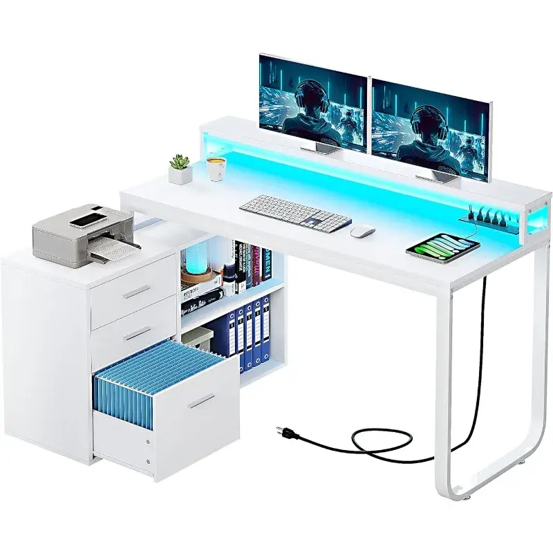 Meja berbentuk L dengan stopkontak listrik & lampu LED & kabinet File, meja komputer sudut 55 "dengan 3 laci & 2 rak penyimpanan, putih