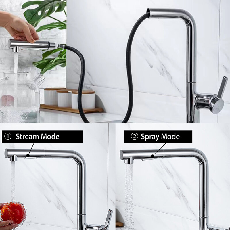 Brushed Gold/Gun Grey Pull Out Kitchen Faucet 360 Rotation Deck Mounted Stream Sprayer Sink Mixer Tap Hot and Cold Water Crane
