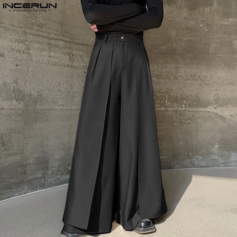 INCERUN 2024 брюки в Корейском стиле, модные мужские брюки с широкими штанинами, Повседневная Уличная одежда, свободная Однотонная юбка, брюки