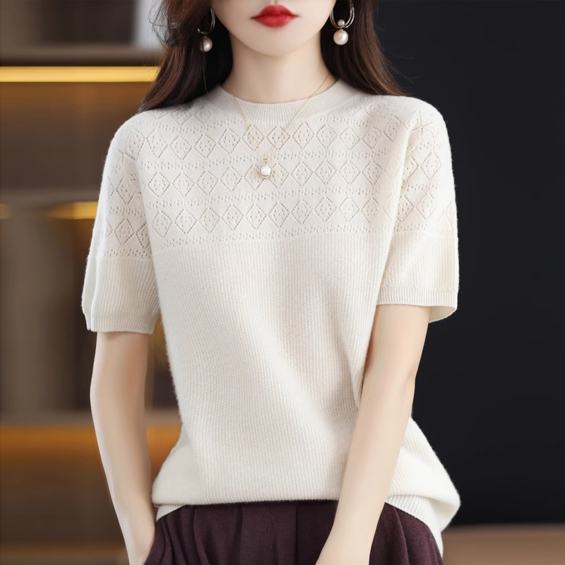Summer New Fashion Korean Simple Temperament Hollow Out Short Sleeved T-shirt Women Solid Round Neck Loose Versatile Knit Tops