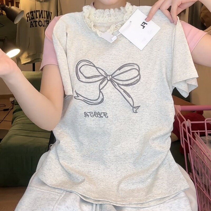 HOUZHOU-Camiseta de manga corta con lazo para mujer, Blusa de encaje estética Y2k, Tops cortos con estampado lindo, ropa de calle de moda coreana