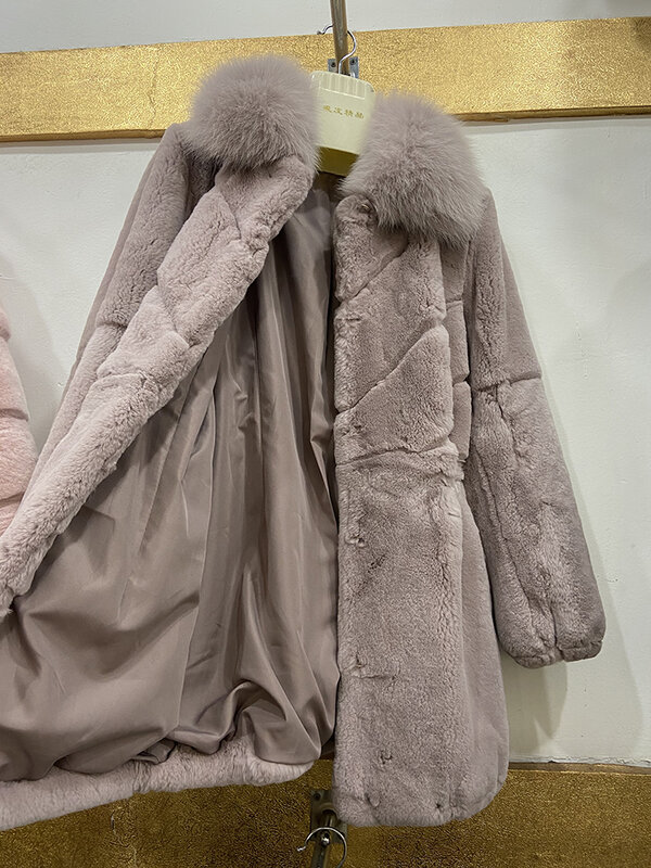 Pakaian Luar Bulu Kelinci Rex Alami Asli Tebal Hangat Musim Dingin Wanita Mantel Bulu Asli Panjang Ramping Kerah Bulu Rubah Asli