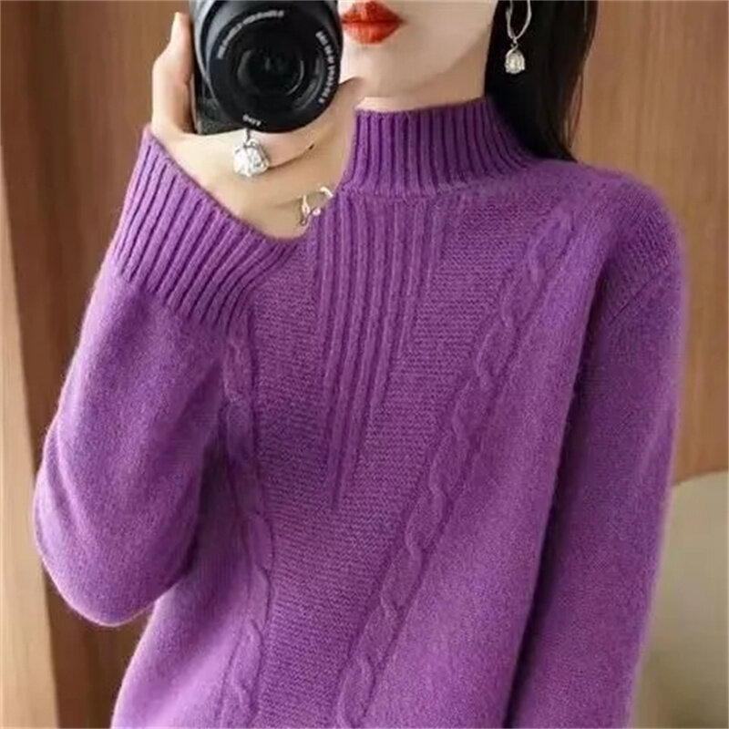 2024 New Autumn Winter Women Mock neck Sweaters Pullover Tops Knitwear Fashion Female Long Sleeve Elastic Casual Knitted Jumpers