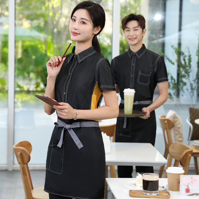 WaClaWorkwear-Chemise en denim pour hôtel, maison de thé chinoise, vêtements attribuables au restaurant Hot Pot, uniforme de restaurant