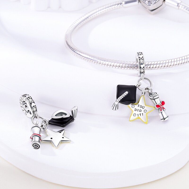100% 925 Sterling Silver Graduation Season Series Owl Bachelor's Hat Charms Beads Fit Pandora 925 Original Bracelets DIY Jewelry