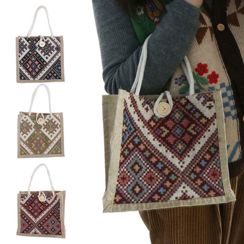 Холщовая Сумка в этническом стиле с принтом, милая портативная вместительная тканевая сумка для ланча с принтом, сумка-тоут для мам, Льняная сумка для покупок
