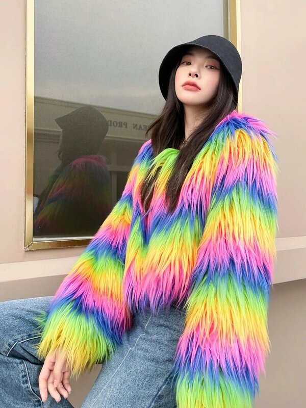 Streetwear Rainbow Striped Faux Fur Coat Women Imitation Goat Wool Luxury Furry Jacket Top Club 2022 Autumn Winter New Clothes