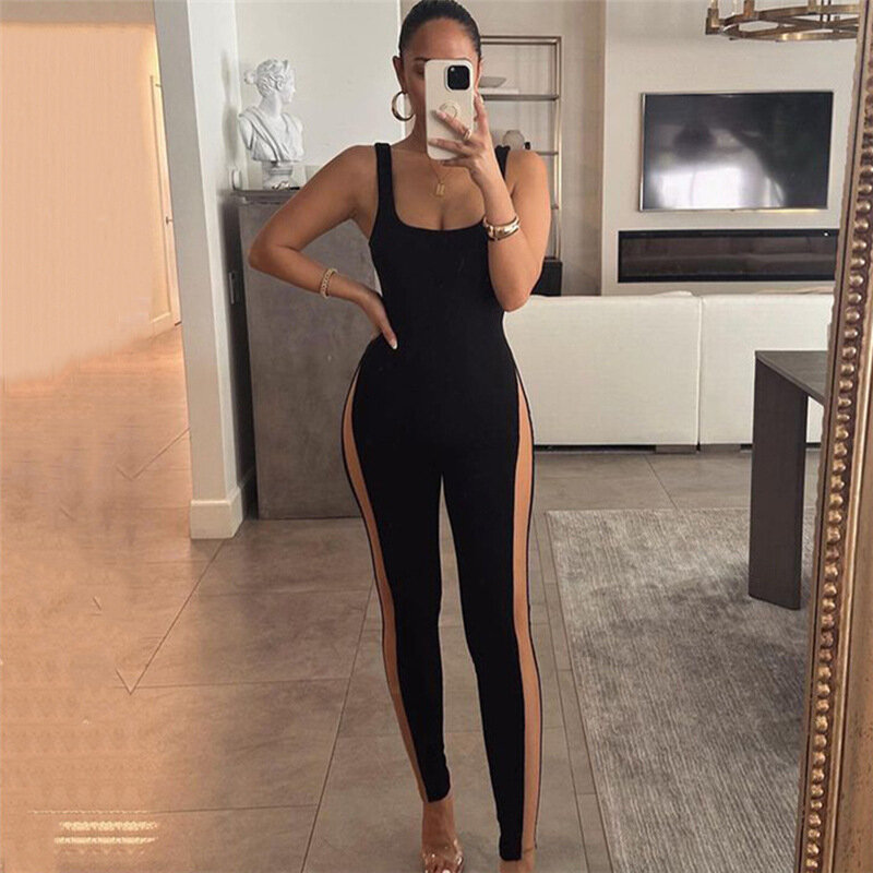  Style New Fall Women's Clothing Sleeveless Stitching Mesh Slim Fit High Top Sports One-Piece Trousers