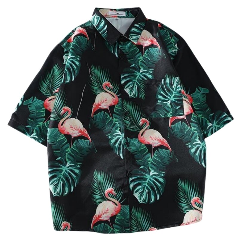 Letnia męska cienka z krótkim rękawem bluzka w roślinny wzór moda przystojny Casual Slim Fit hawajska kurtka wakacyjna na plażę