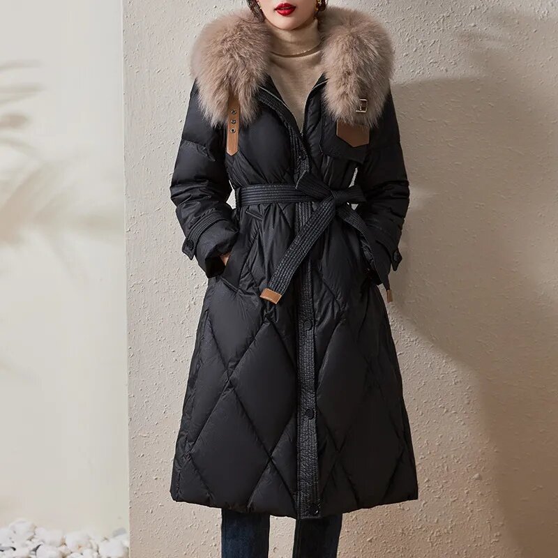 Doudoune chaude à grand col en fourrure pour femmes, pardessus mi-longueur, manteau en coton à la mode, automne, hiver, nouveau, 2023