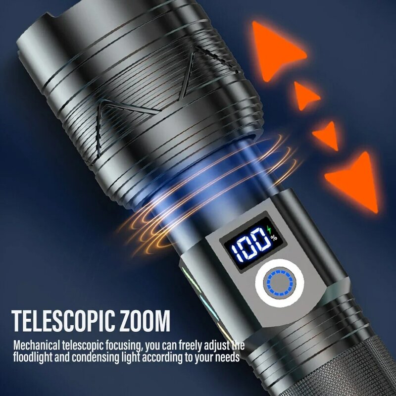 Высокомощный мощный фонарик LEP с большим радиусом действия, USB-зарядка, литиевая батарея 26650, уличный телескопический зум, супер яркий телефон