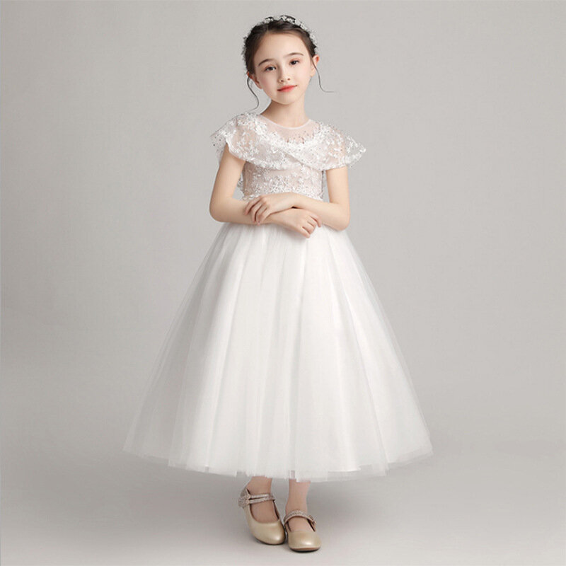 New Children's Wedding Dress Hosting Performance Birthday Girl Lace Mid length Dress Princess Pengpeng Dress