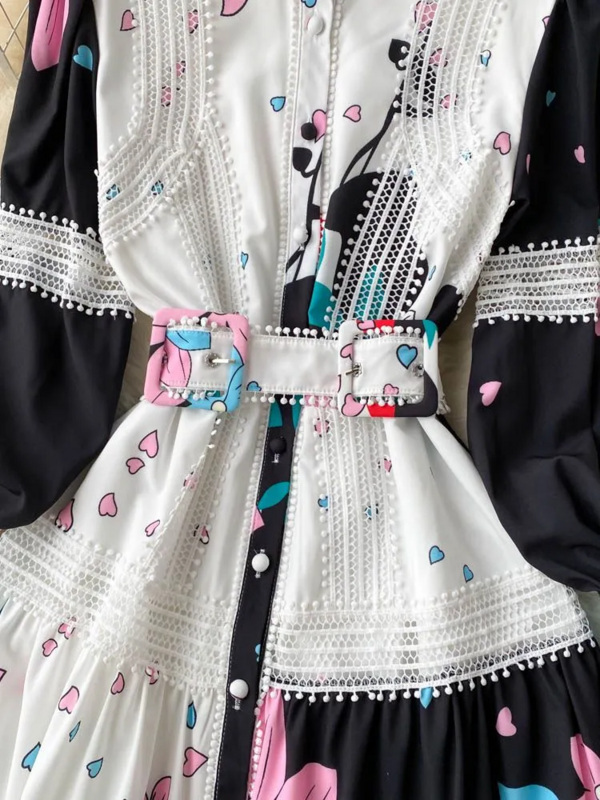 Vestido largo de manga farol para mujer, ropa de retazos con estampado de flores, adornos de encaje, fajas, botones, fiesta, 2023