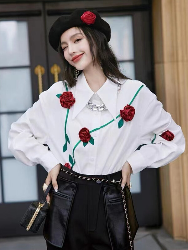 Shirt Trendy 3d Rose Design Vrouwen Chique Knoop Up Lente Herfst Kantoor Dame Elegante Lange Mouw Casual Losse Tops Blusas