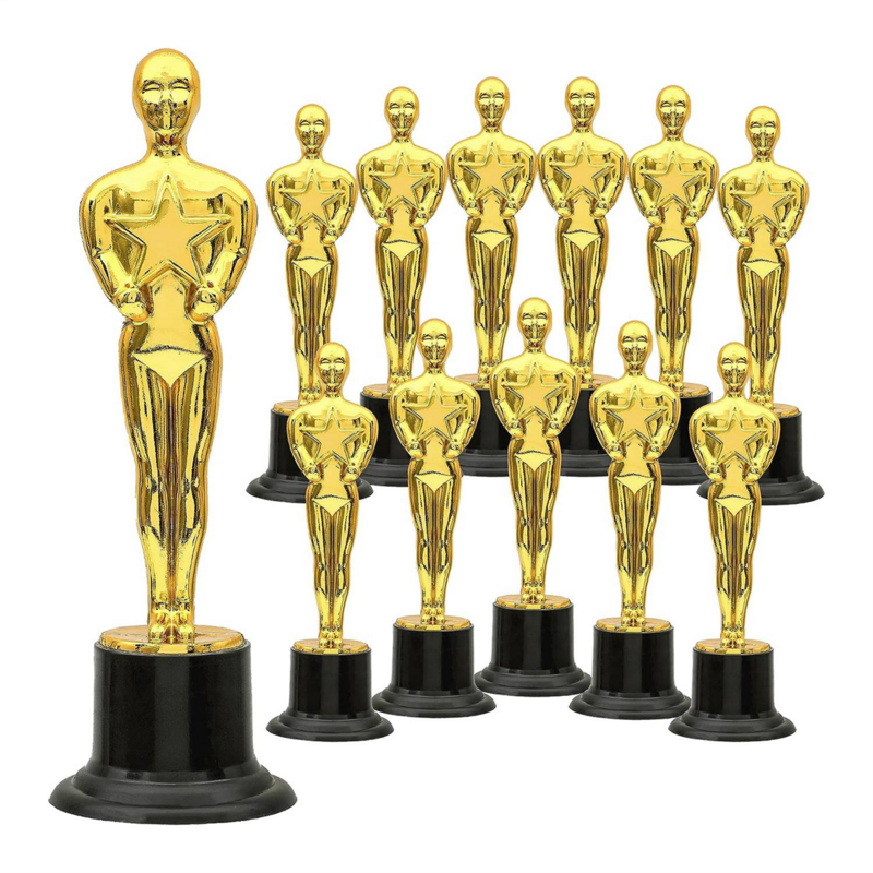 Plástico ouro prêmio troféus para decorações do partido, favores do partido, Movie Night Favor, Escola Award, 12 Pack