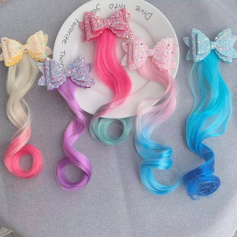Diademas con lazos para niña, lazos de princesa, pelucas coloridas, pinzas para el pelo de cola de caballo de unicornio, accesorios de regalo para niña