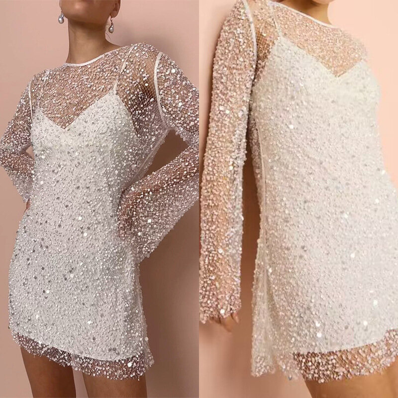 Bianco 2 pezzi Set paillettes abito da festa corto per le donne 2024 manica lunga o-collo abbigliamento femminile Sexy Ladies Nightclub Prom Dresses