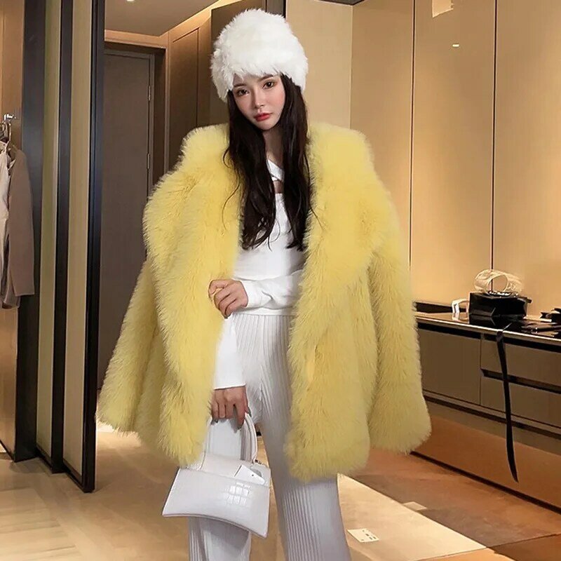 Casaco de pele de raposa do falso das mulheres comprimento médio temperamento grande lapela solta internet celebridade jovem casaco de pelúcia casaco de inverno