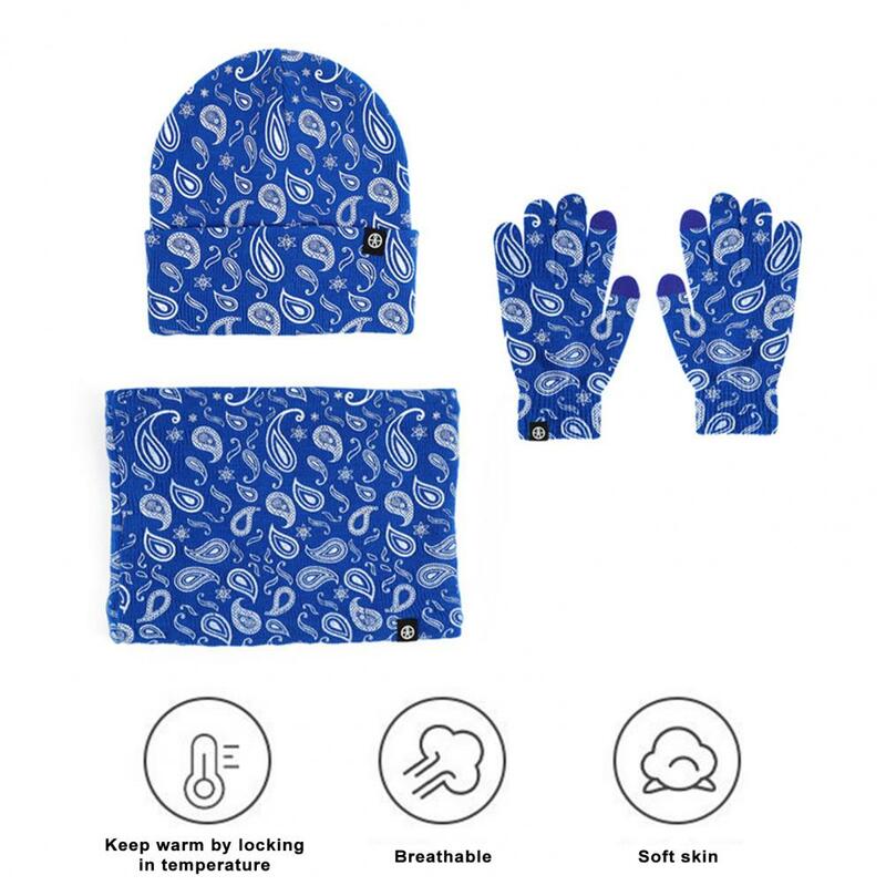 Уютная велосипедная шапка, комплект теплых перчаток, ультратолстый ветрозащитный зимний комплект из искусственных перчаток, Мягкий Вязаный уличный шейный платок с принтом