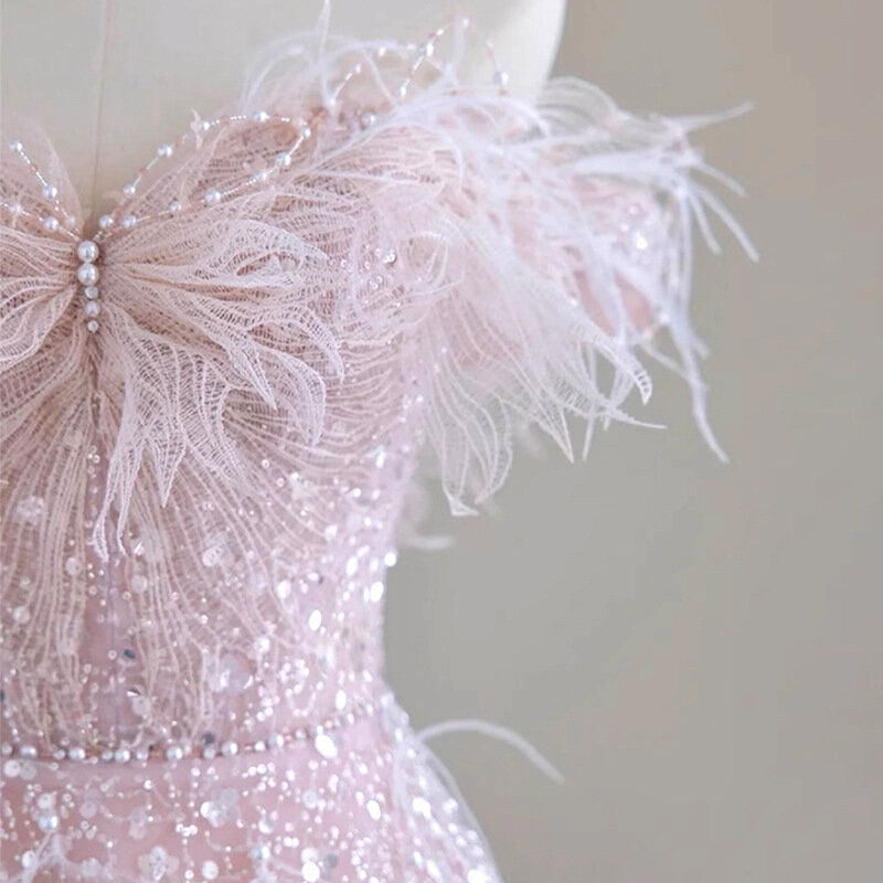 فستان سهرة من الريش الوردي ، مكشوف الكتفين ، على شكل حرف A ، فساتين Quinceanera فاخرة خفيفة ، جديد ،