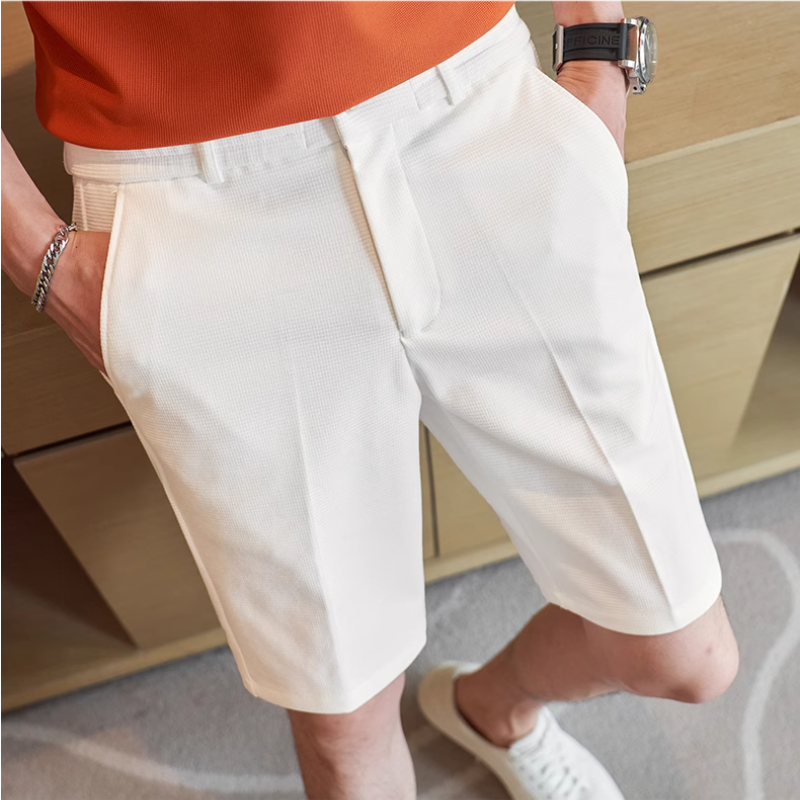メンズ単色ジッパープリーツショーツ、膝丈、ストレートパンツ、シンプルで用途の広い、カジュアル、新しい流行のファッション、ポケット、夏、2024