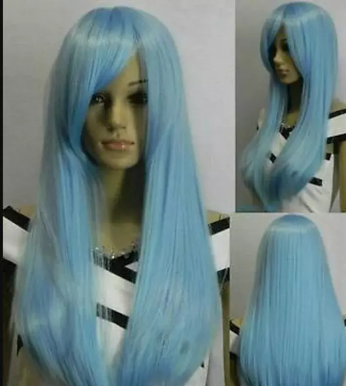 Wig Cosplay wanita, Wig Cosplay panjang lurus biru muda lurus