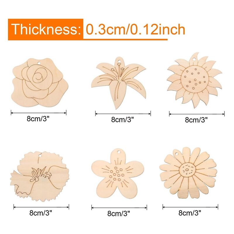 60 Pieces Wooden Flower Cutouts 3 Inch Unfinished Wood Flower Cutouts Wooden Flower Slices Blank Shape Ornaments Flower