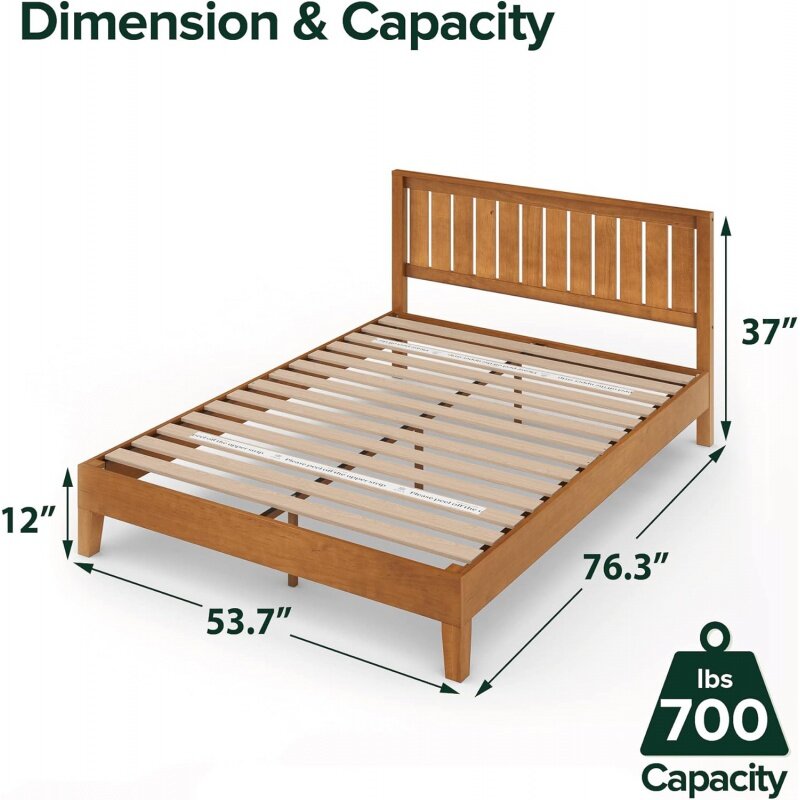 ZINUS Alexis Deluxe kerangka tempat tidur Platform kayu dengan sandaran kepala/dukungan Slat kayu/tidak ada kotak pegas yang diperlukan/mudah dirakit, Pi pedesaan