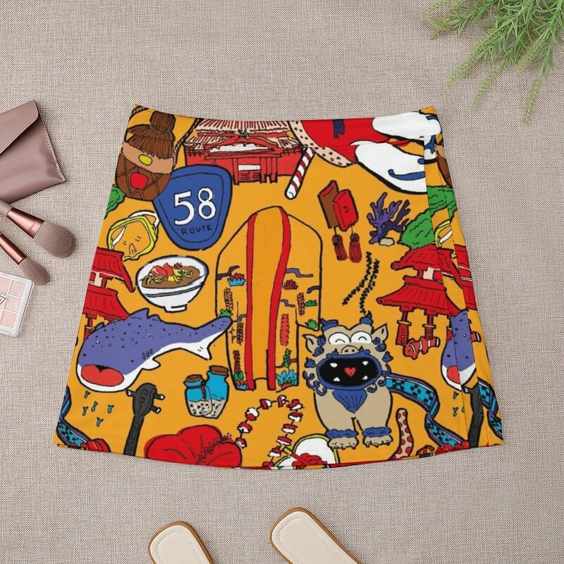 Okinawa-Mini jupe pour femmes, thème illustration, faite à la main, robe d'été, vêtements d'été, jupes coréennes