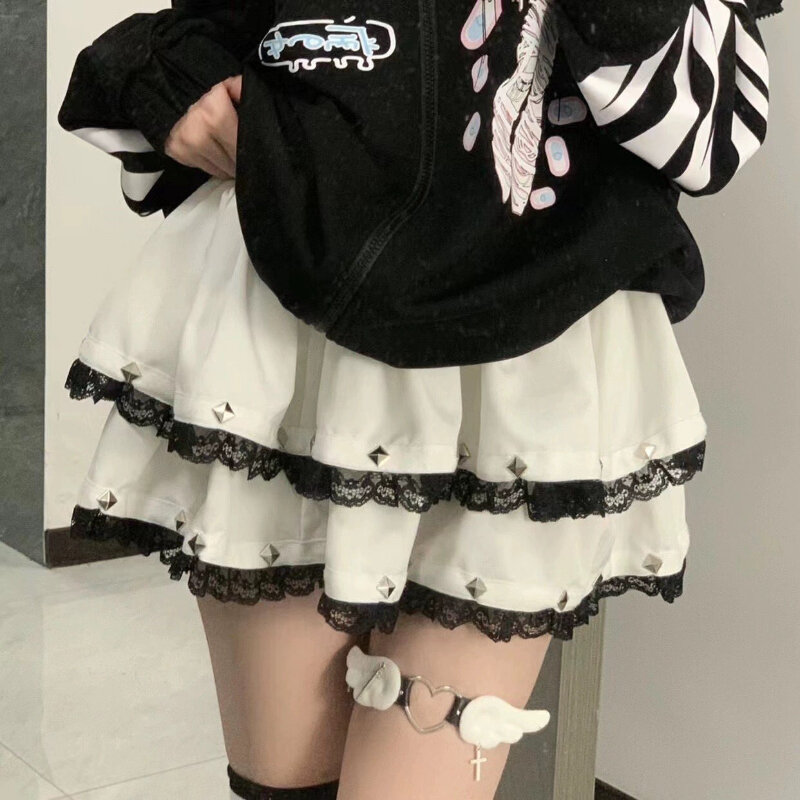 Deeptown Gothic Y2K Mini Skirt Japanese Harajuku Black Women's Short Skirts Lace Pleated Lolita Kawaii Punk Style Ruffle Skirt