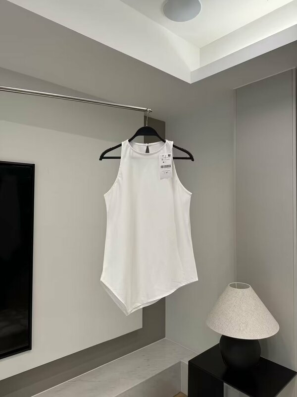 Camisa assimétrica sem mangas feminina, estilo básico solto, gola em O, blusa chique retrô, bainha assimétrica, nova moda, 2022