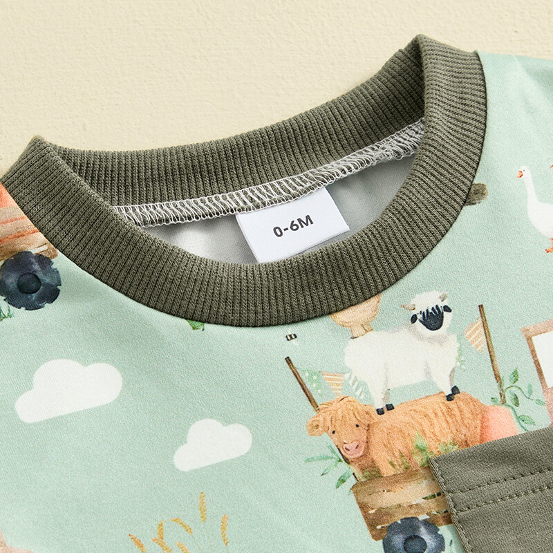 トラックプリント半袖ポケットTシャツ、モノクロTシャツ、幼児男の子のための夏の衣装、0-3y、2024-03-26