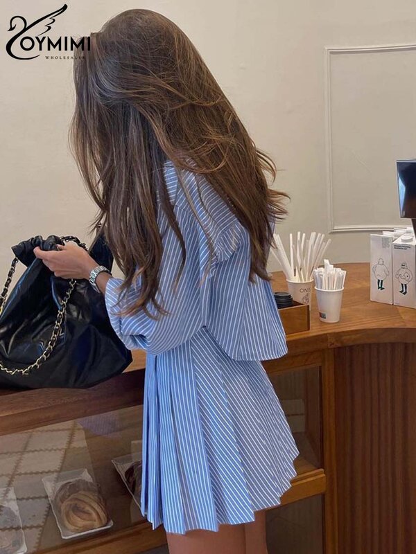 Oymimi Elegant Blue Striped Print Sets For Women 2 Pieces Fashion Long Sleeve Button Crop Tops And High Waist Pleated Skirts Set