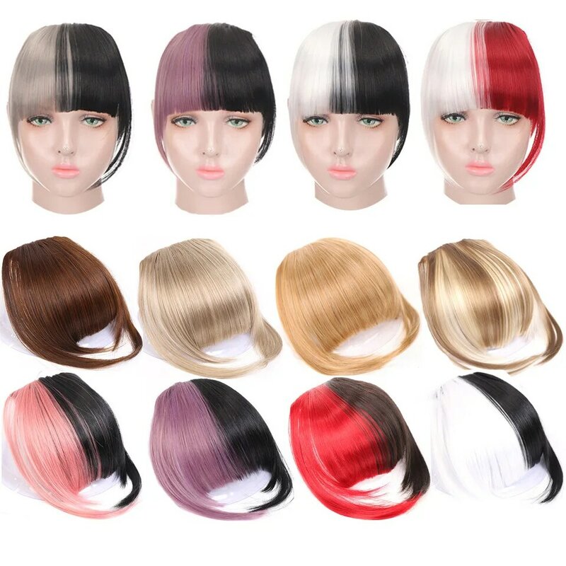 Women'S Synthetic Wig Blunt Bangs Heat Resistant Fiber 2 Clips Breathable Short Straight Hair Patches With Sideburns, Wig Bang