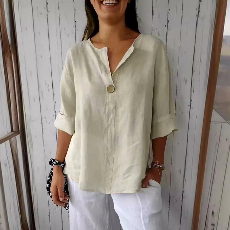 Breathable Top Stylish Women's V-neck Button Decor Tee Shirt Casual 3/4 Sleeve Solid Color Top Loose Fit Pullover for Summer