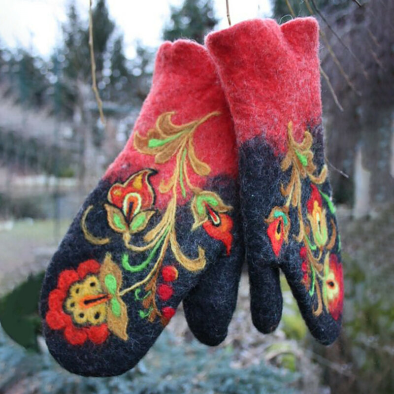 Guantes de lana de Cachemira para mujer, manoplas gruesas y cálidas con bordado de flores clásicas, Invierno