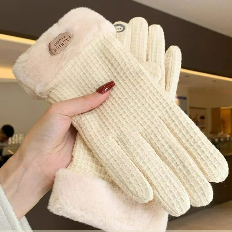 Women Winter Gloves New Fashion Solid Furry Plush Warm Full Finger Mittens Outdoor Windproof Sports Cycling Gloves Touchscreen