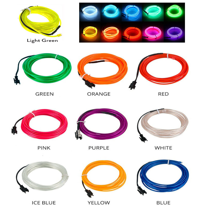 Flexible Neon Glow Car Light, EL Wire, LED, Corda Impermeável, DIY, Festa, Quarto, Decoração de Roupas, 1m, 2m, 3m, 4m, 5m
