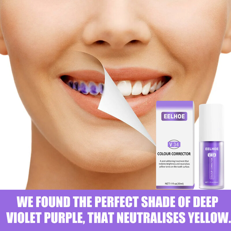 Pasta de dientes púrpura V34, blanqueador, elimina las manchas de placa, limpieza Dental, Corrector de Color, suero, aliento fresco, productos dentales