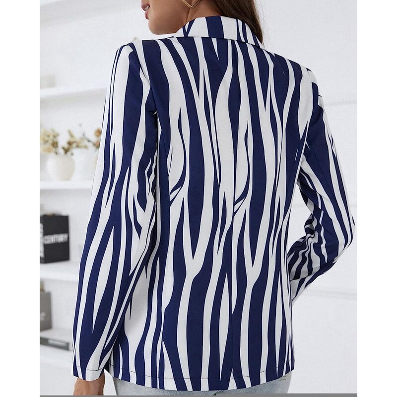 Women Autumn Striped Print Double Breasted Blazer Coat Femme Spring Long Sleeve Jacket Top Outwear Office Lady Outfits Workwear