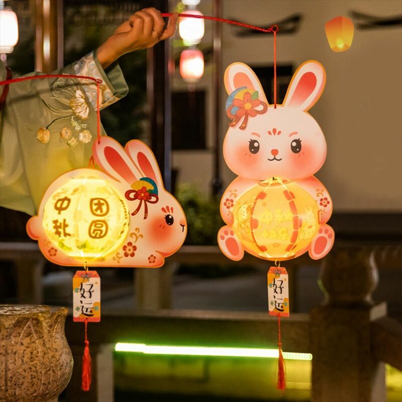Linterna hecha a mano de mediados de otoño, materiales de bricolaje con luz LED, buena suerte, lámpara de estilo chino, bendiciones de conejo