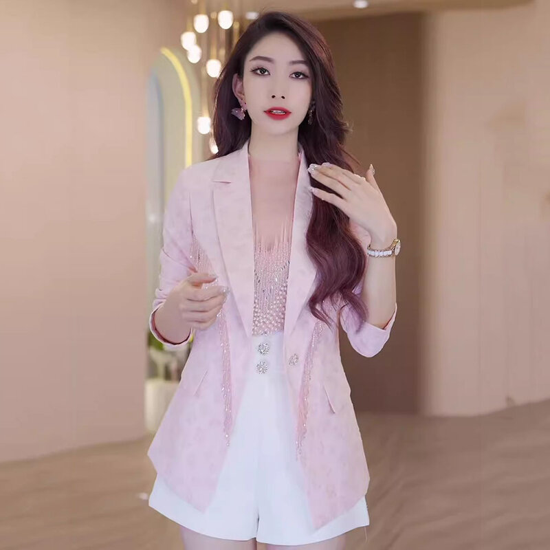 2024Spring Autumn Pink Blazers For Women Long Sleeve Fashion Jacquard Elegant Jacket Female Casual Crystal Tassel Slim Coat Lady