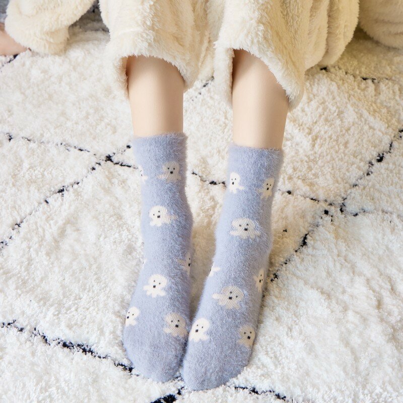 Calcetines de felpa de visón con estampado de dibujos animados para mujer, medias de tubo medio, gruesas, cálidas, terciopelo Coral, calcetines de piso para dormir, calcetines térmicos divertidos de invierno