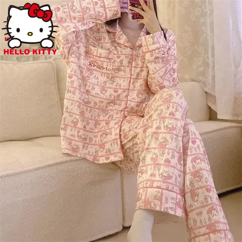 Conjunto de pijama Sanrio Hello Kitty para mulheres, doce menina, anime My Melody, Y2K Japan, calças de manga comprida, roupas de estudante, outono