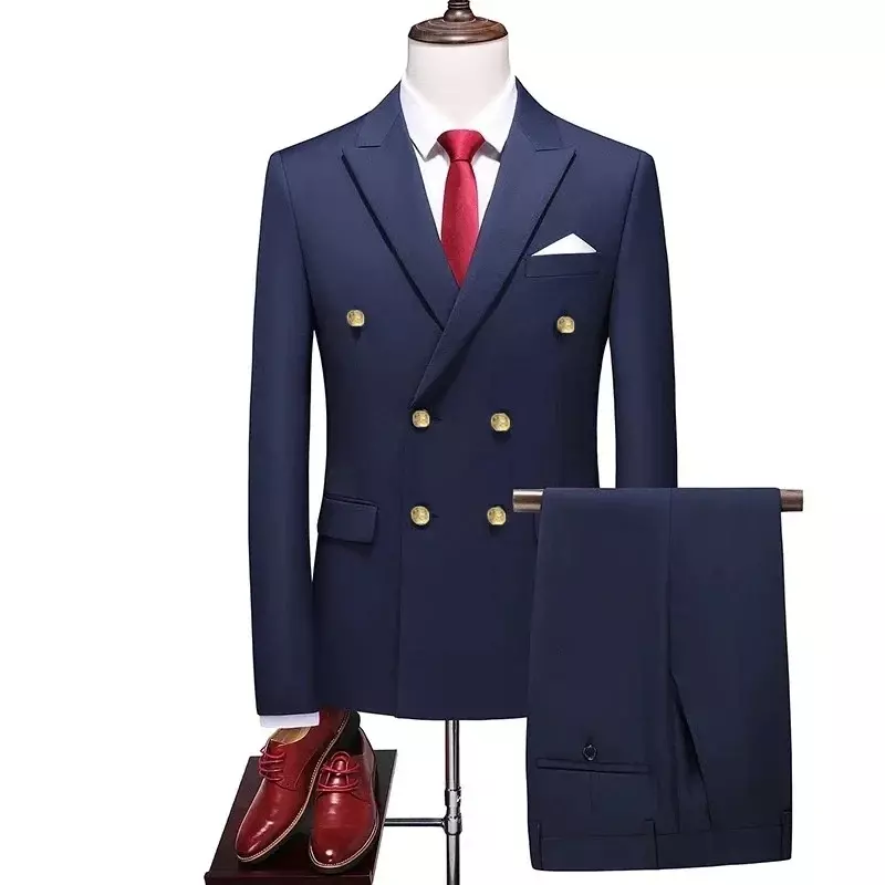 New Men's Leisure Boutique Double Breasted Solid Color Suit 2 Piece Set Drees Blazers Jacket Pants Trousers Two Pcs