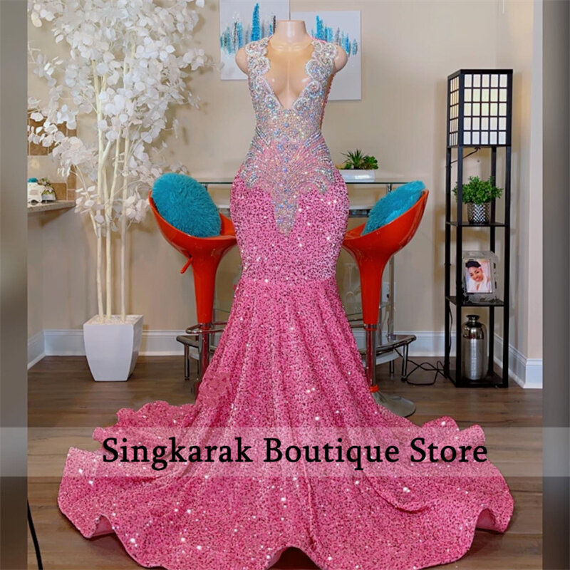 섹시한 반짝이는 핑크 다이아몬드 인어 무도회 드레스, 2023 쉬어 넥 크리스탈 라인석 졸업 파티 드레스, 포멀 가운