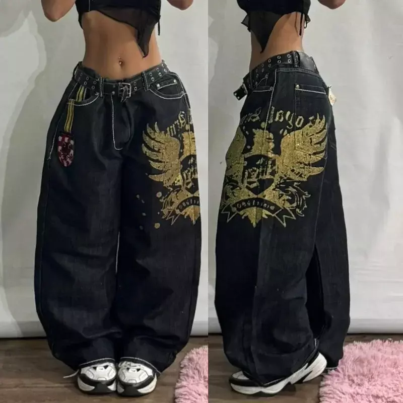 Jeans Baggy de padrão vintage grande estampado feminino, Y2K, Harajuku, gótico, solto, cintura alta, calças jeans de perna larga, streetwear, novo, 2024